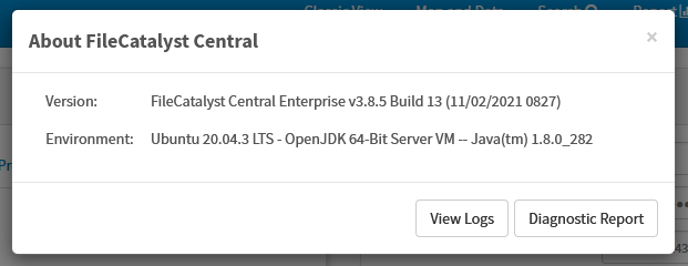 FileCatalyst Central About Pop-up