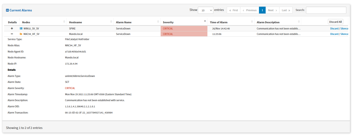 FileCatalyst Central Alarms Detail View